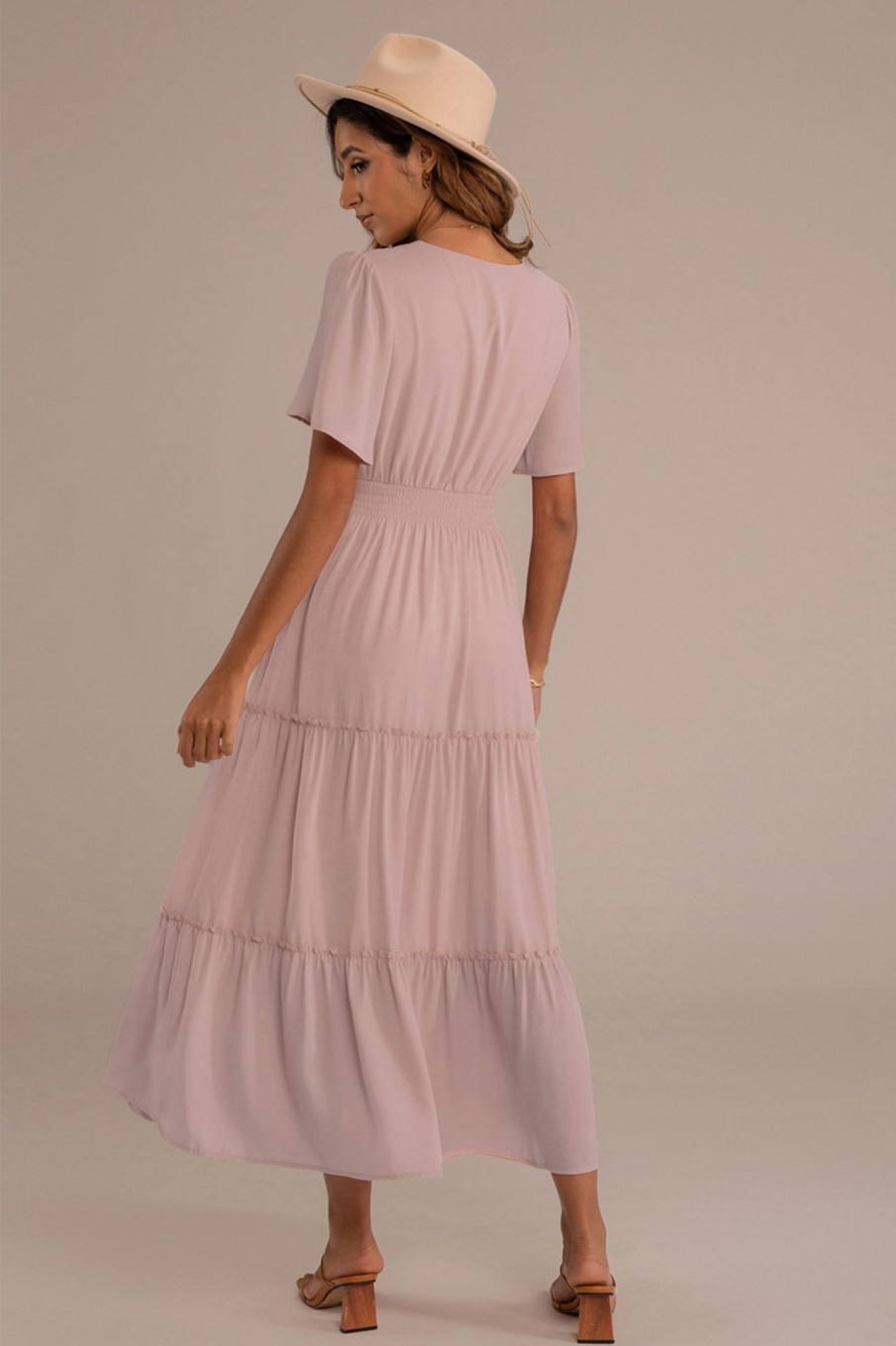 Best Short Sleeve V Neck Elastic Waist Tiered Maxi Dress Blush