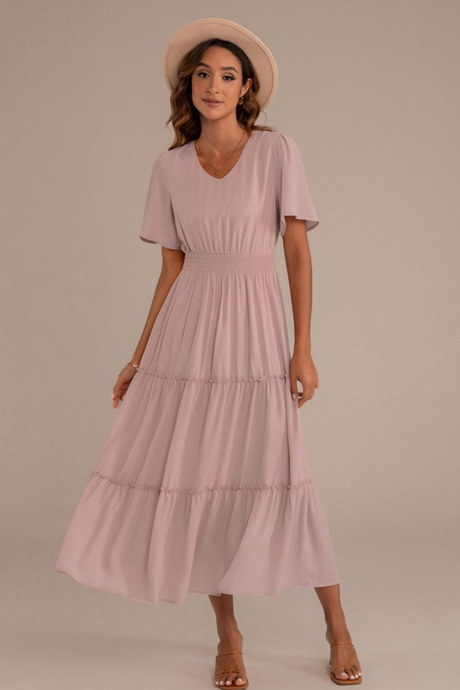 Best Short Sleeve V Neck Elastic Waist Tiered Maxi Dress Blush