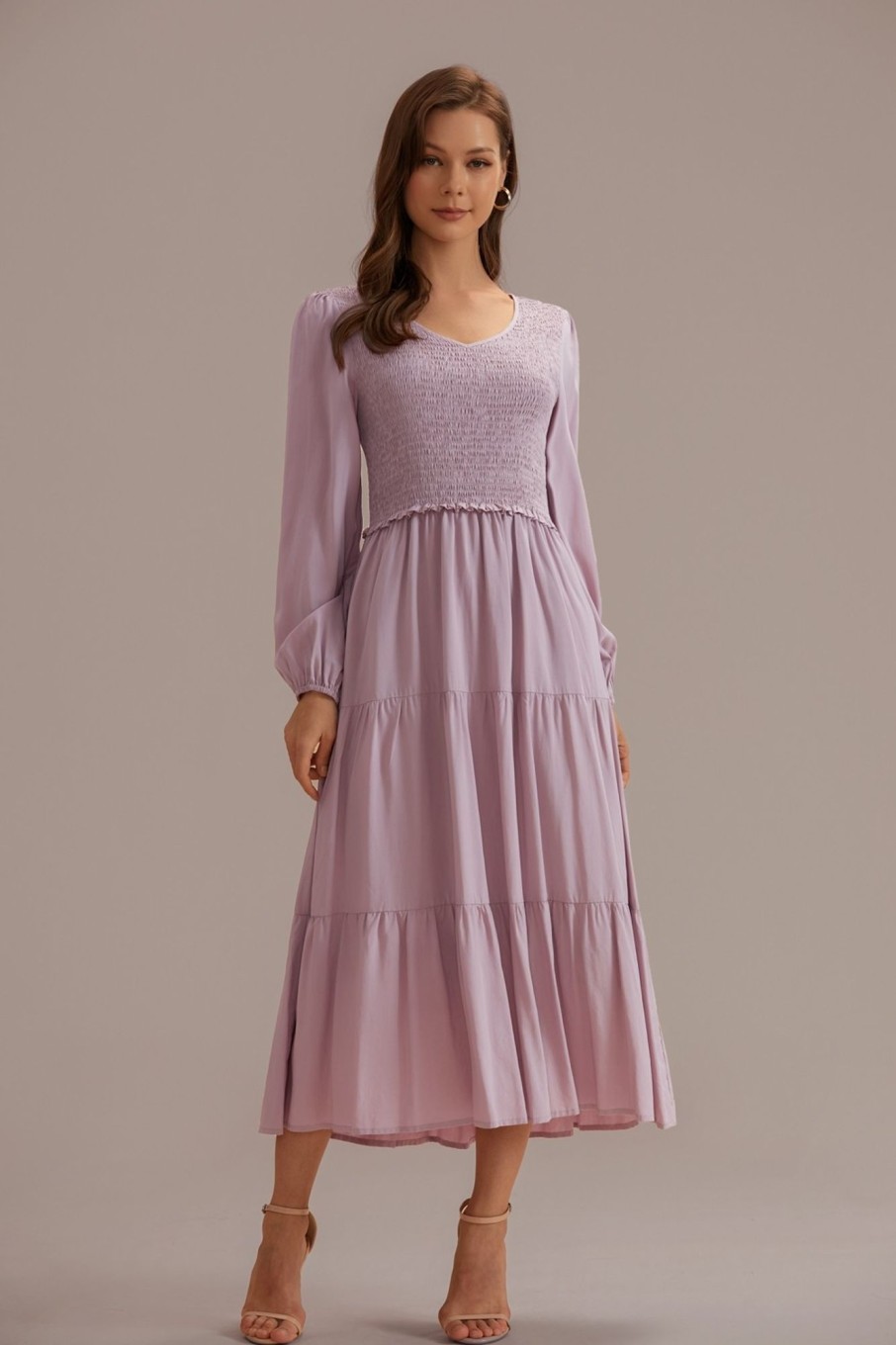 Wholesale Long Sleeve V Neck Smocked Midi Dress Lavender