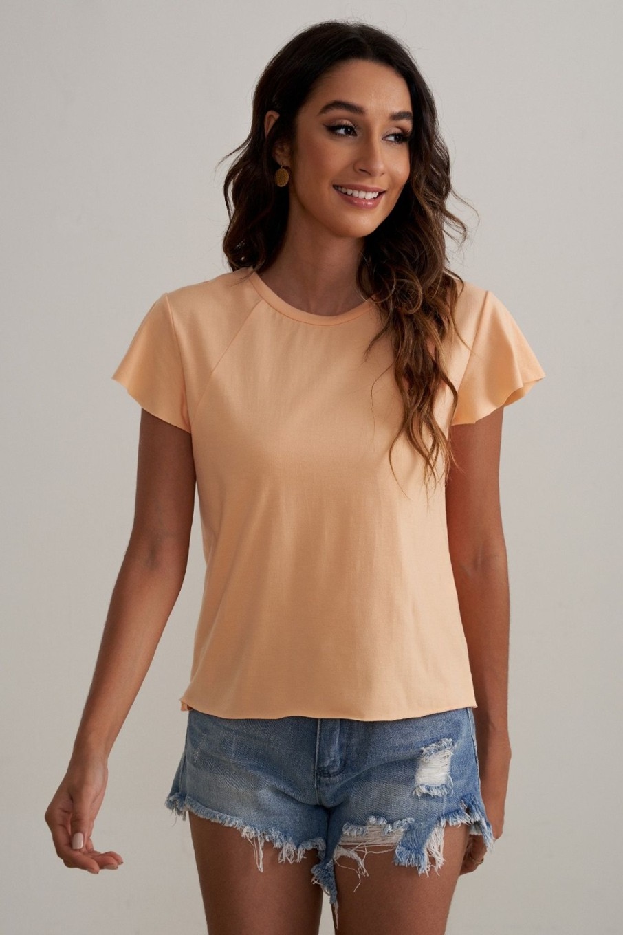 Hot Short Sleeve Round Neck Shirt Top Salmon