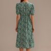 New Green Floral Short Sleeve Square Neck Elastic Waist Midi Dress Multi