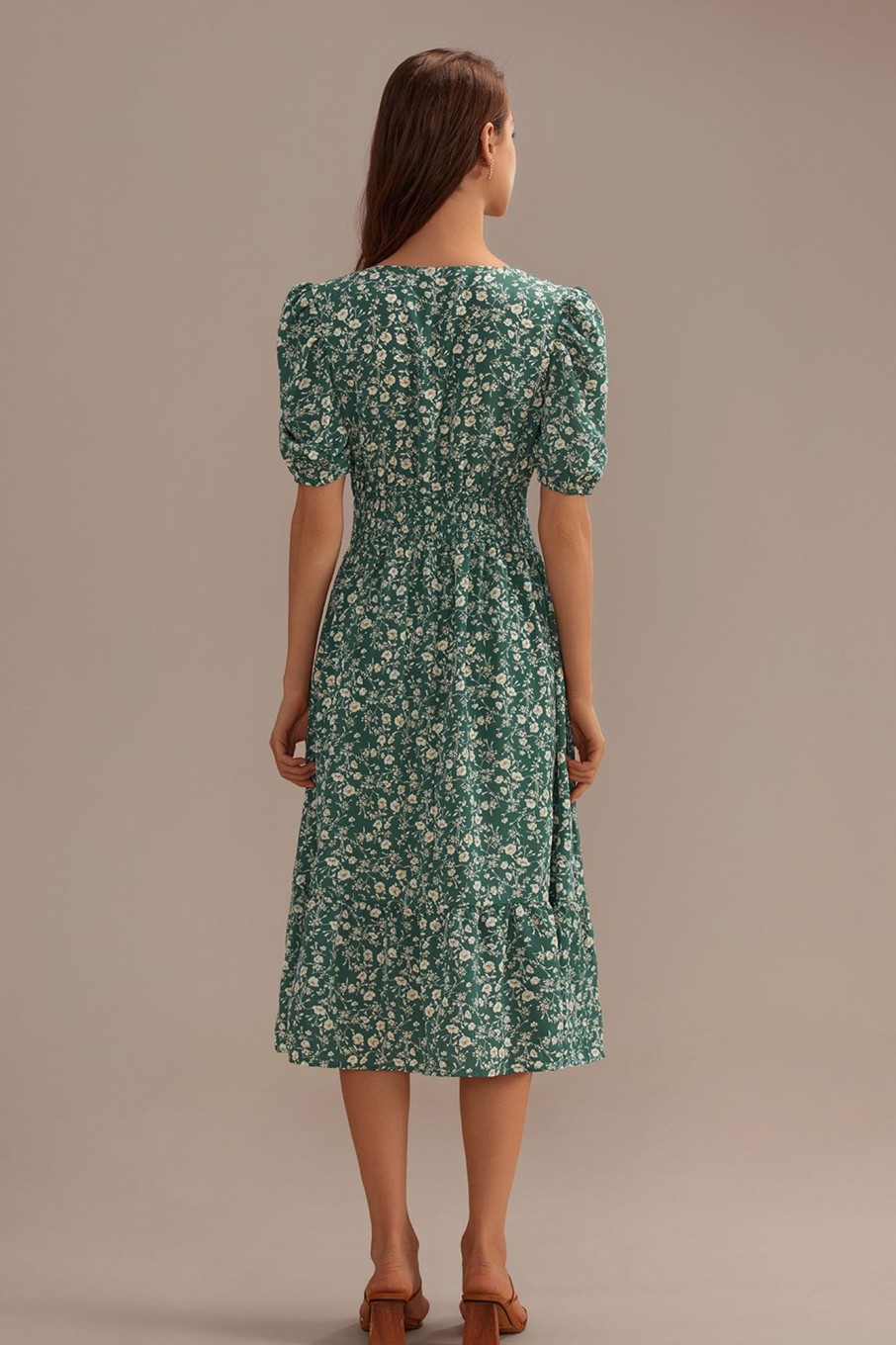 New Green Floral Short Sleeve Square Neck Elastic Waist Midi Dress Multi