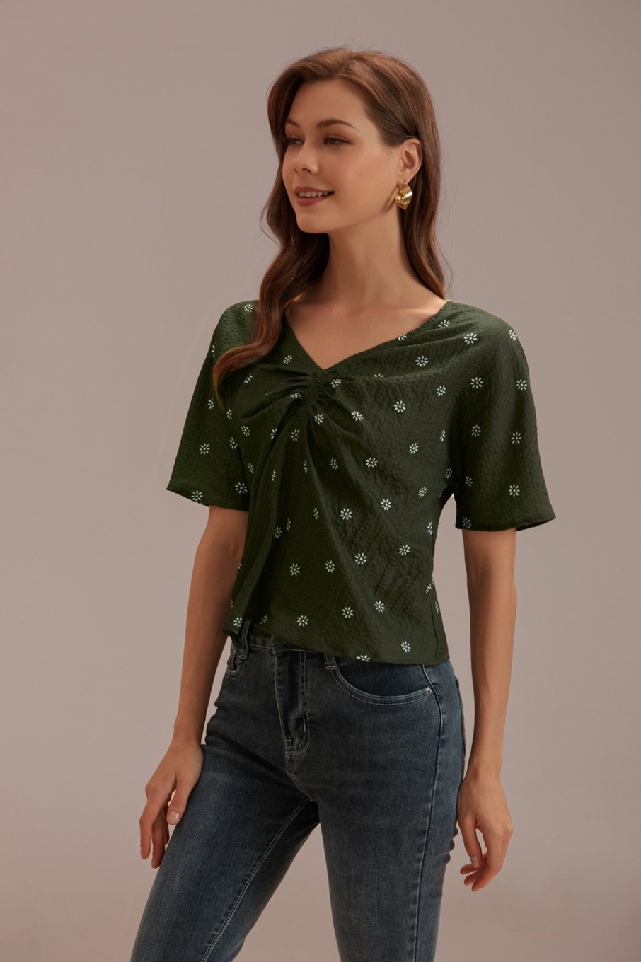 New Floral Short Sleeve V Neck Shirt Dark Forest