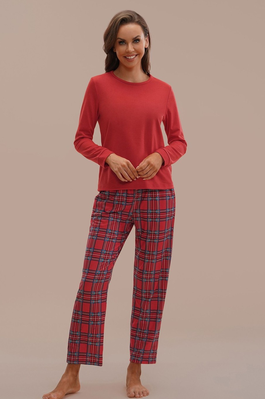 New Plaid Long Sleeve Round Neck Pj Set Red