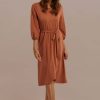 Hot 3/4 Length Sleeve Round Neck Summer Elastic Waistband Midi Dress With Pocket