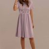 Clearance Short Sleeve Round Neck Gathered Waist Cotton Embroidered Midi Dress Lavender