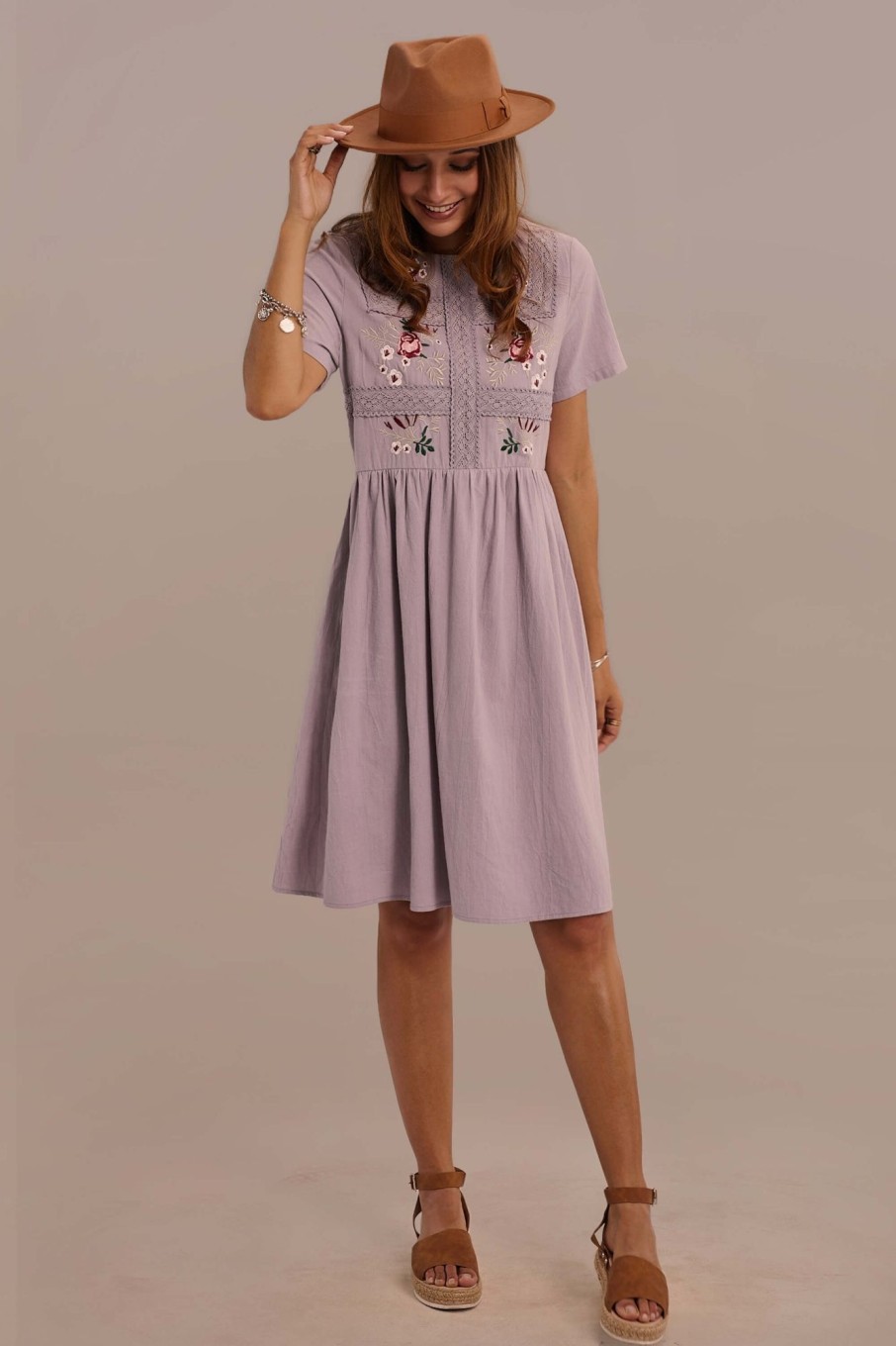 Clearance Short Sleeve Round Neck Gathered Waist Cotton Embroidered Midi Dress Lavender