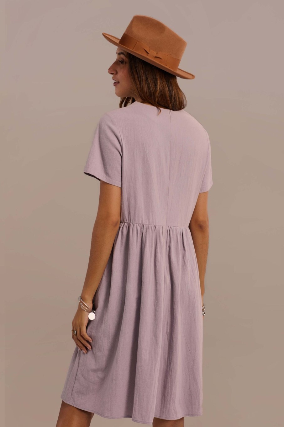 Clearance Short Sleeve Round Neck Gathered Waist Cotton Embroidered Midi Dress Lavender