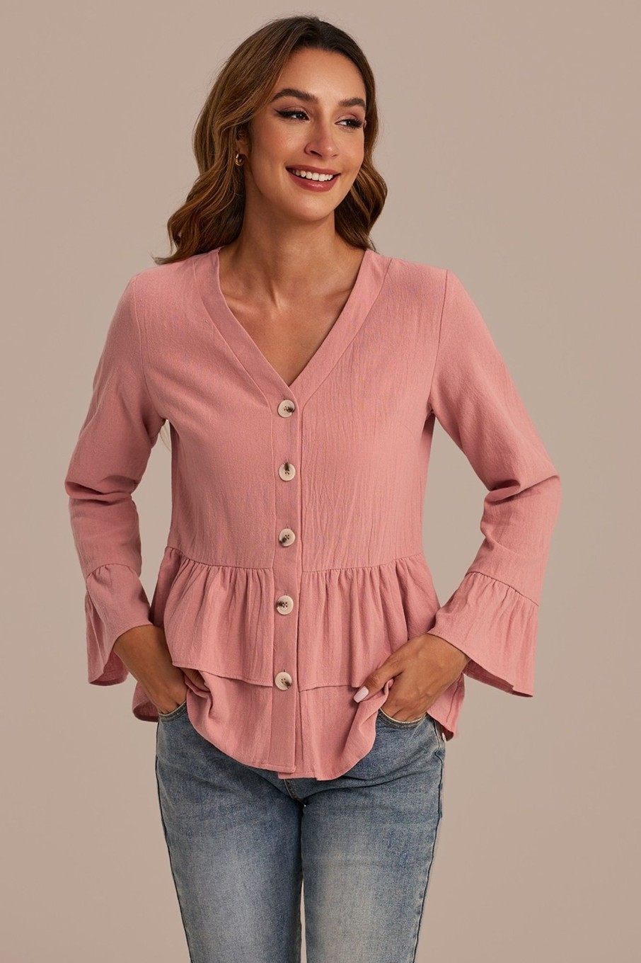 Clearance Button Up V Neck Long Sleeve Blouse Camel