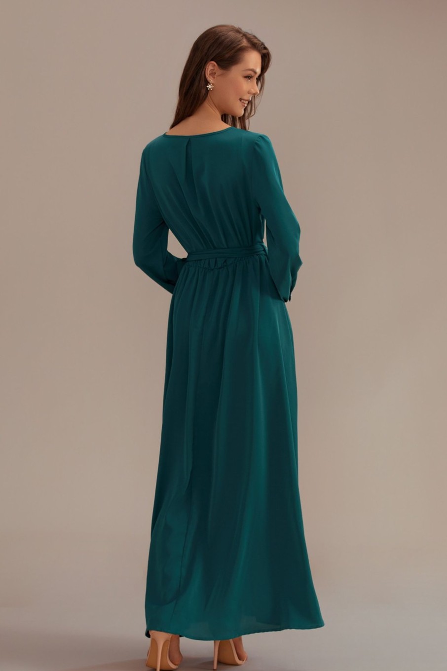 New Long Sleeve V Neck Solid Maxi Dress Green