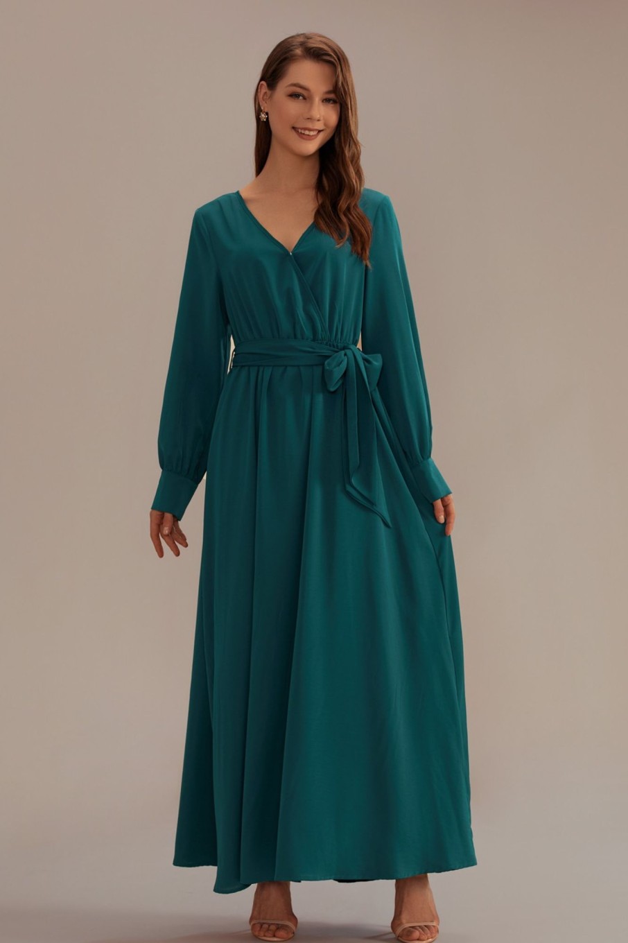 New Long Sleeve V Neck Solid Maxi Dress Green