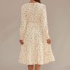 Clearance Long Sleeve Round Neck Tiered Midi Dress Ivory Floral