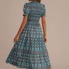 New Vertical Graphic Heart Pattern Print Short Sleeve High Ruffle Neck Smocked Midi Dress Green