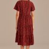 Wholesale Floral Short Sleeve Round Neck Tiered Midi Dress Rust