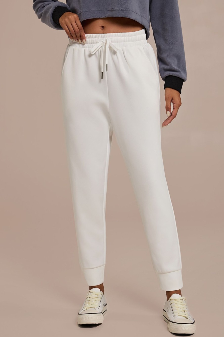 Clearance Casual Elastic Waist Joggers With Pockets White