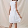 Clearance Hollow Ruffle Short Sleeve V Neck Cotton Midi Dress White