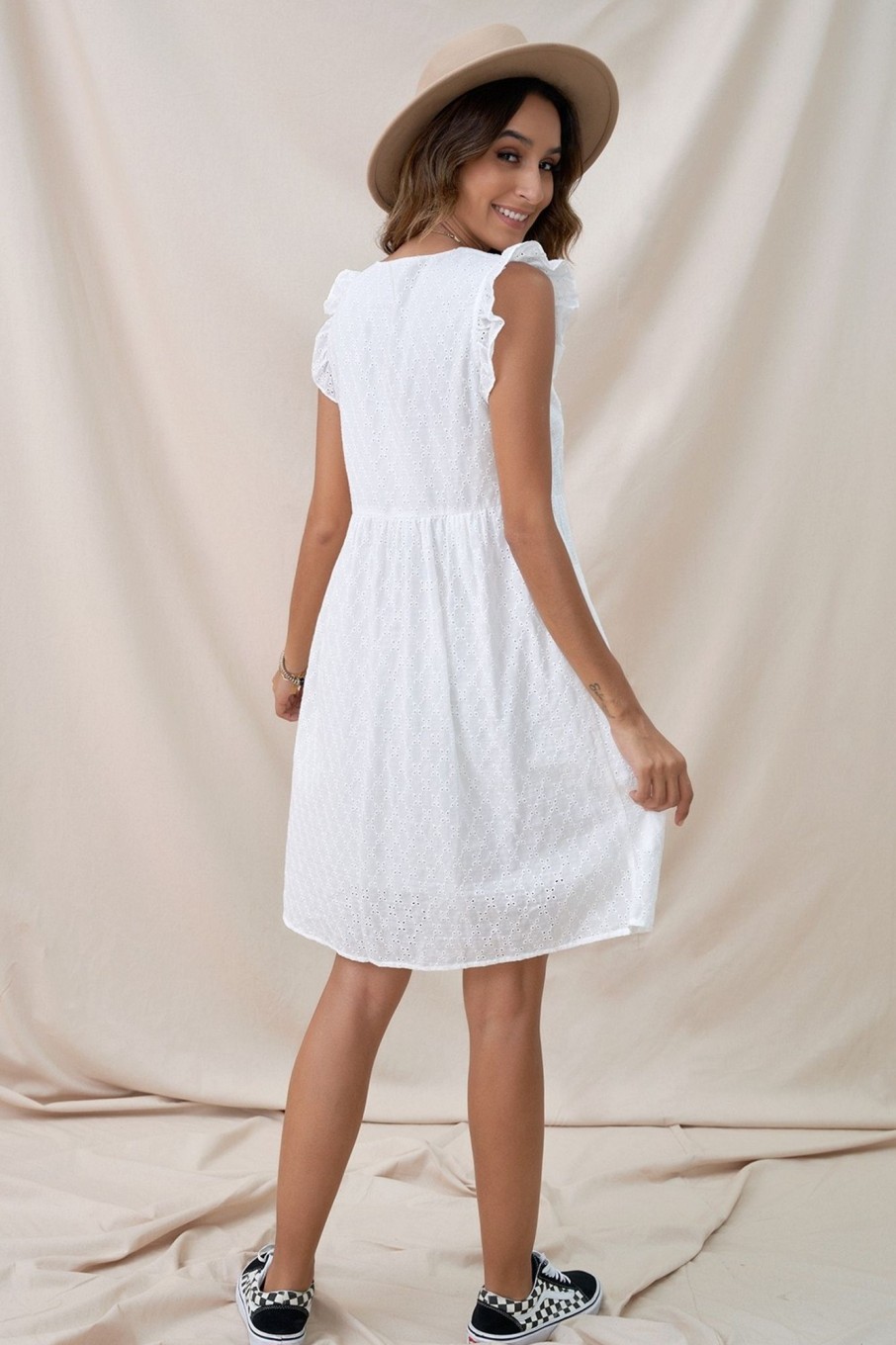 Clearance Hollow Ruffle Short Sleeve V Neck Cotton Midi Dress White