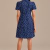 Best Navy Floral Short Sleeve Round Neck Smocked Midi Dress Navy Blue