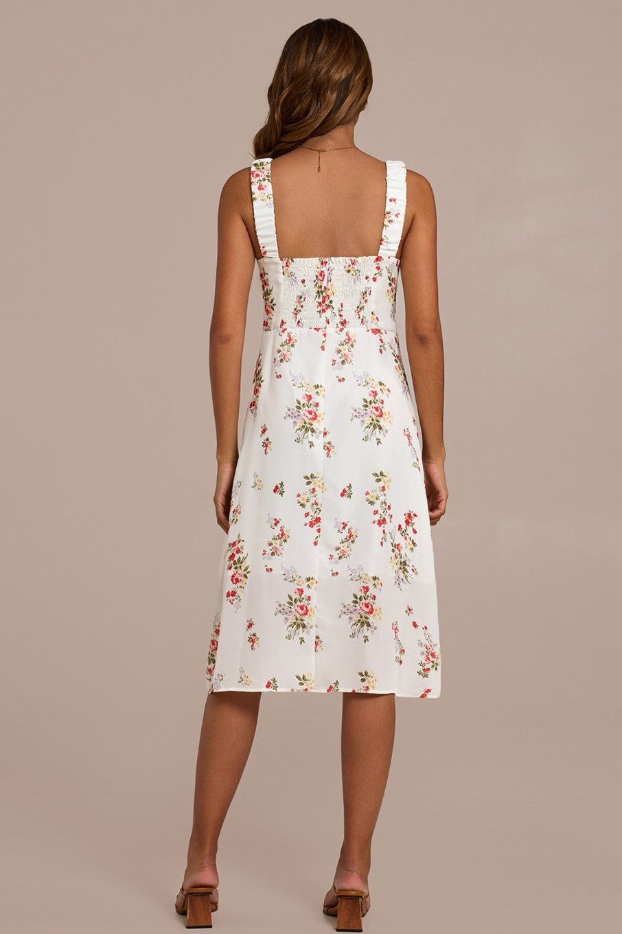 Clearance Floral Sleeveless Square Neck Midi Dress Apricot