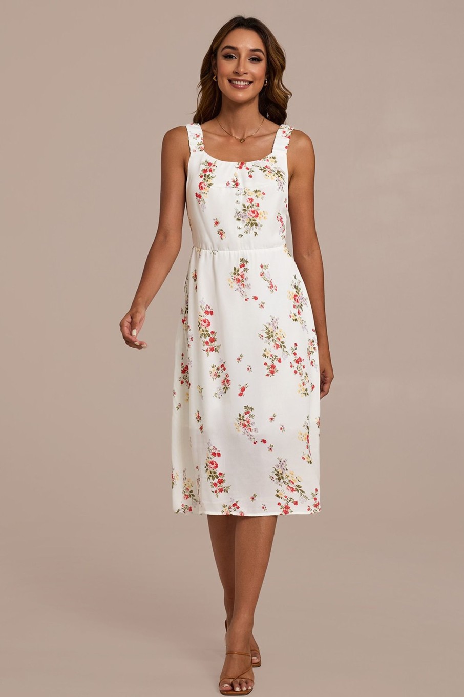 Clearance Floral Sleeveless Square Neck Midi Dress Apricot