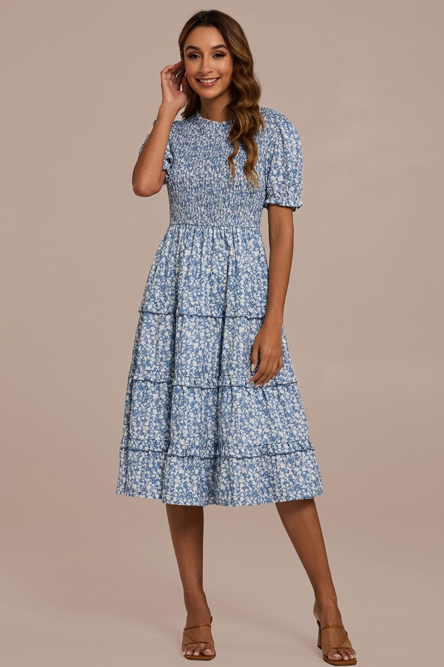 Wholesale Floral Short Sleeve High Ruffle Neck Smocked Tiered Midi Dress Blue