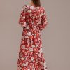 Hot Red Floral Long Sleeve Round Neck Maxi Dress Muliti