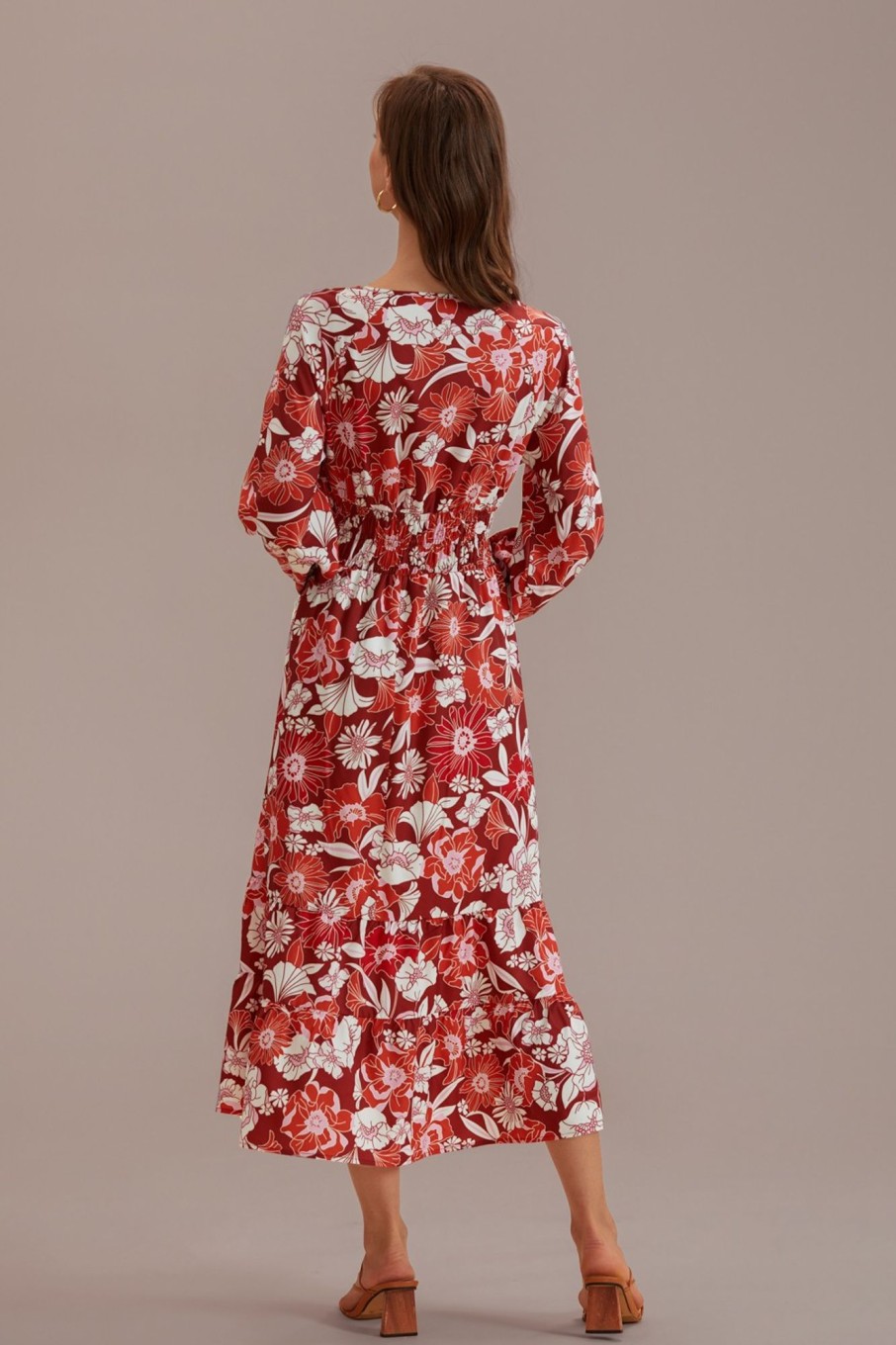 Hot Red Floral Long Sleeve Round Neck Maxi Dress Muliti