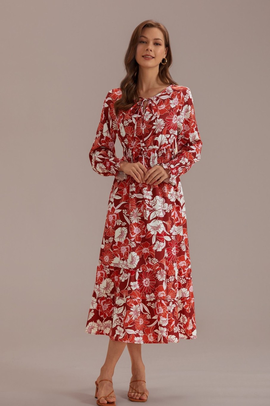 Hot Red Floral Long Sleeve Round Neck Maxi Dress Muliti