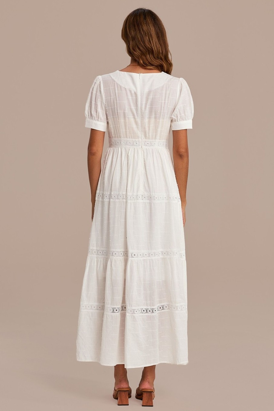 Online Short Sleeve V Neck Cotton Maxi Dress With Zipper Back White