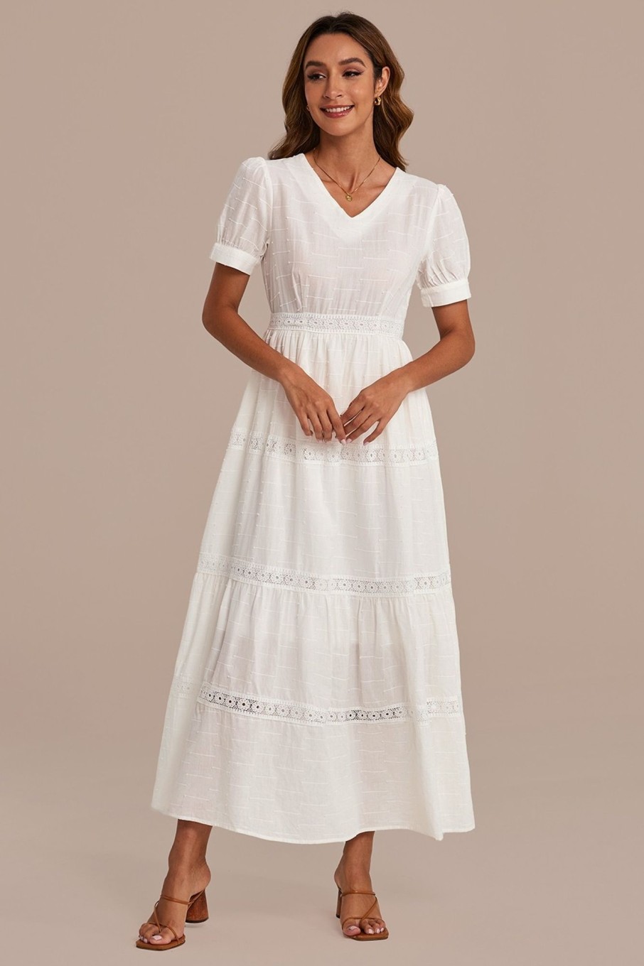 Online Short Sleeve V Neck Cotton Maxi Dress With Zipper Back White