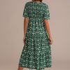 New Short Sleeve Round Neck Smocked Midi Dress Green