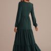 Hot Long Sleeve V Neck Tiered Solid Maxi Dress Green