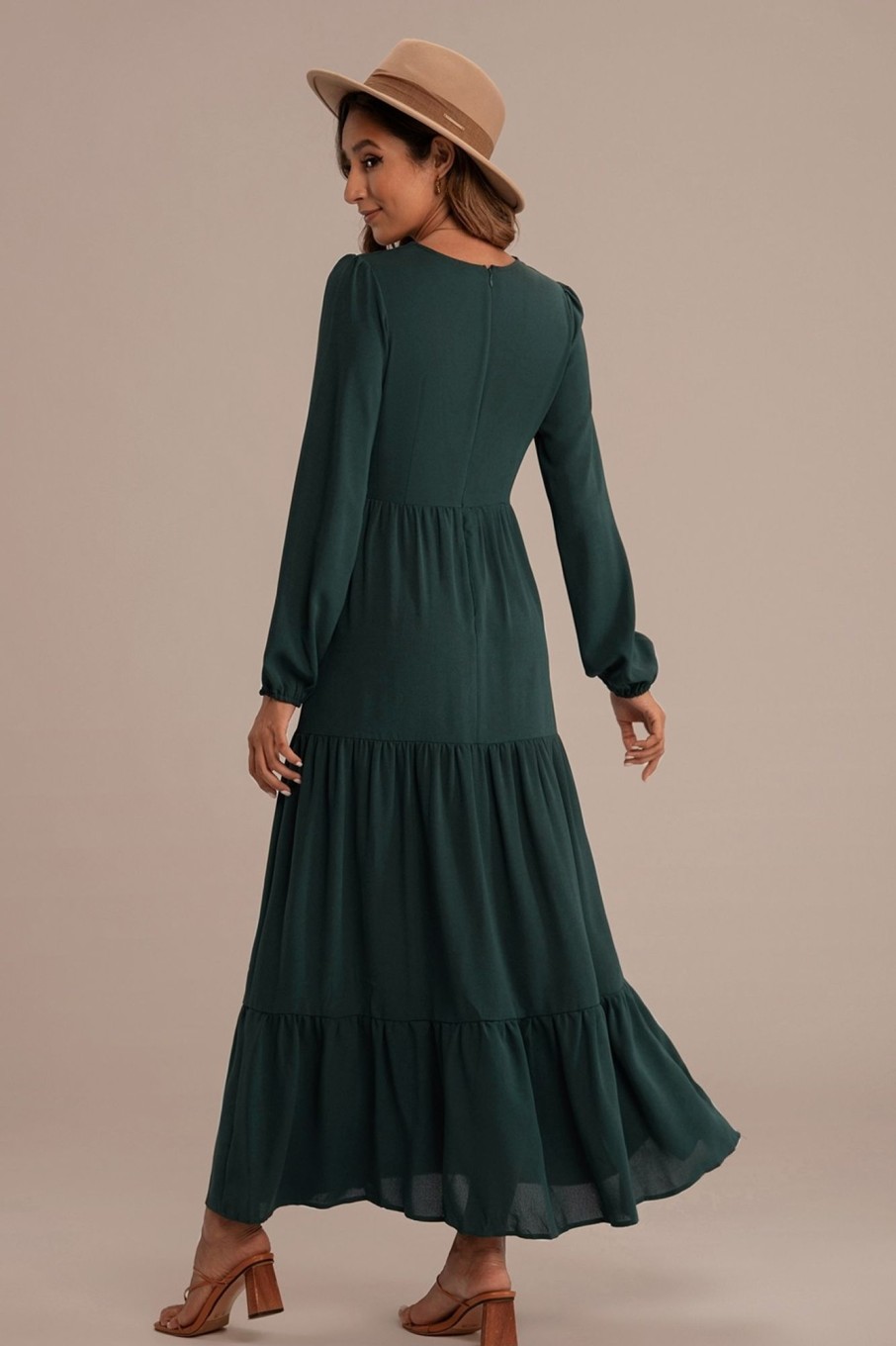 Hot Long Sleeve V Neck Tiered Solid Maxi Dress Green