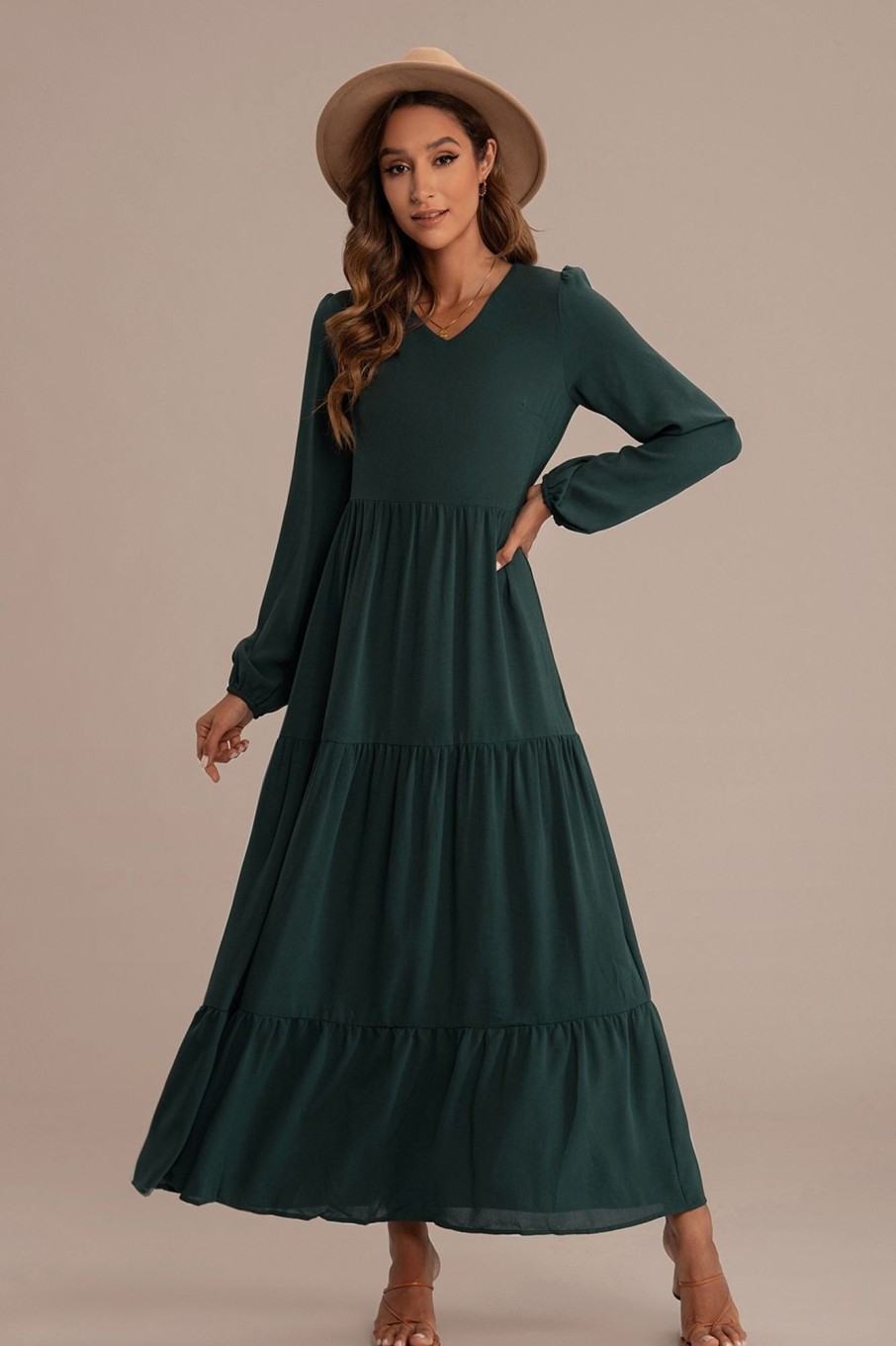 Hot Long Sleeve V Neck Tiered Solid Maxi Dress Green