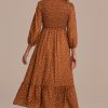 Best Dot Long Sleeve V Neck Smocked Maxi Dress Mocha