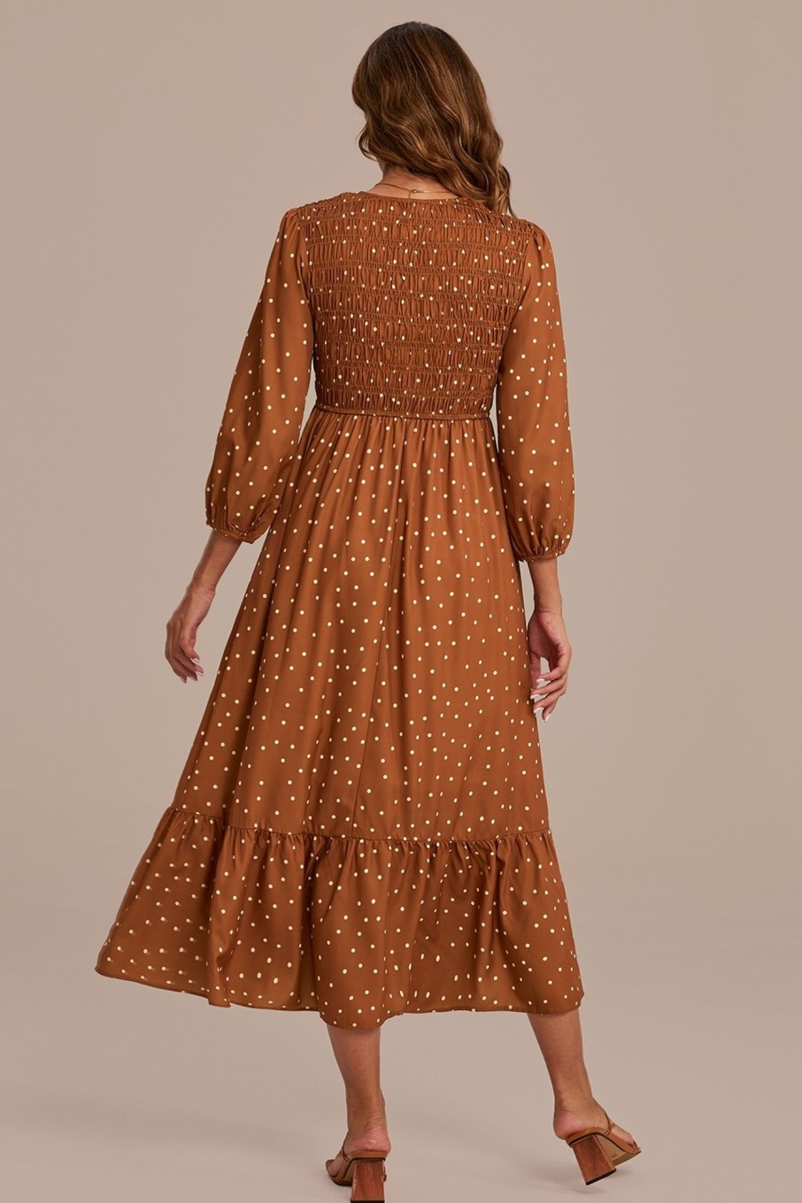 Best Dot Long Sleeve V Neck Smocked Maxi Dress Mocha