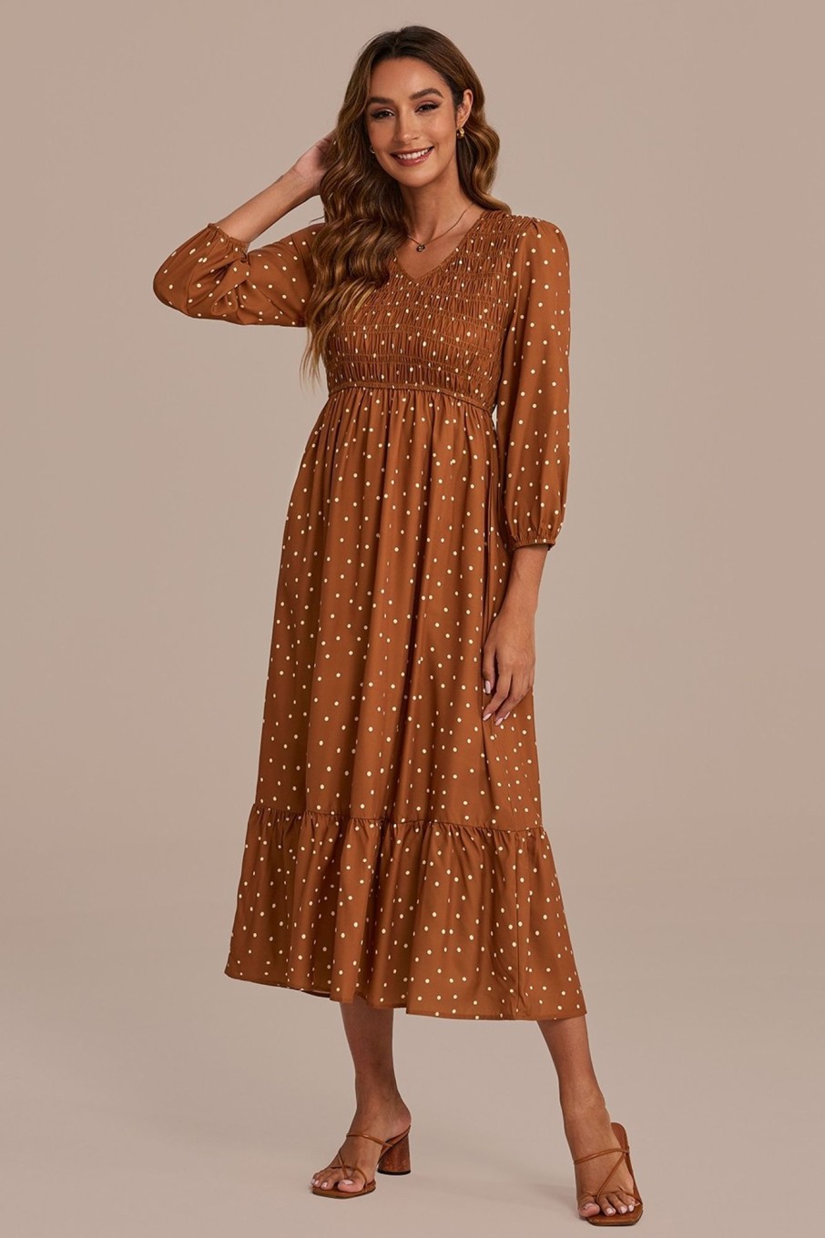 Best Dot Long Sleeve V Neck Smocked Maxi Dress Mocha