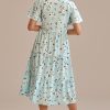 Online Floral Short Sleeve Round Neck Tiered Midi Dress Light Blue