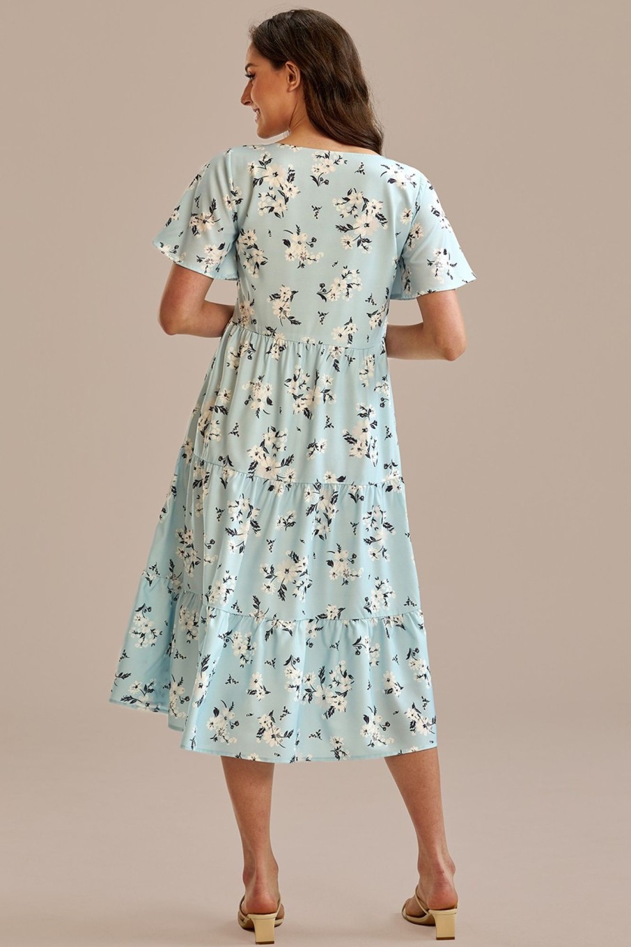 Online Floral Short Sleeve Round Neck Tiered Midi Dress Light Blue