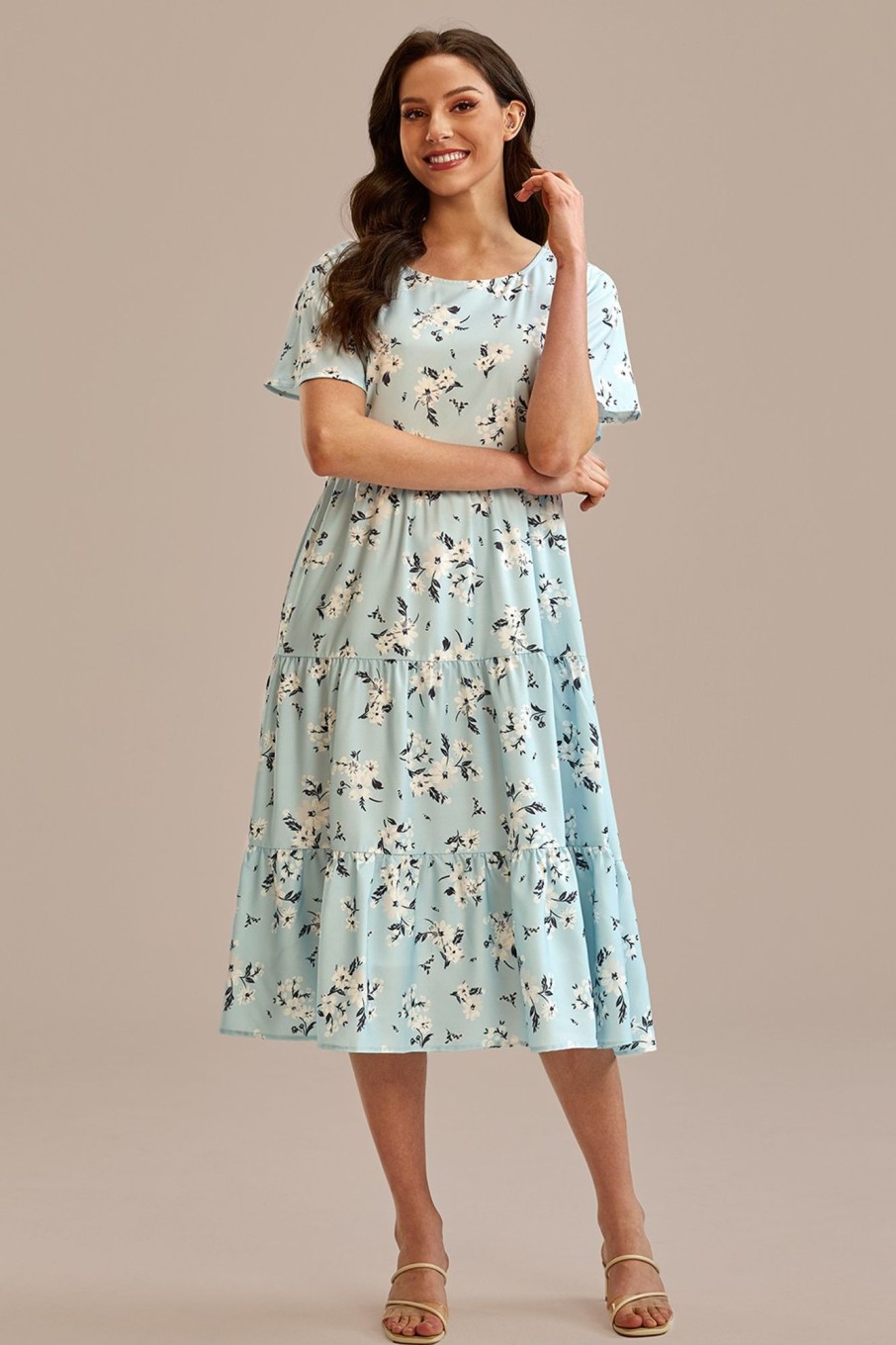 Online Floral Short Sleeve Round Neck Tiered Midi Dress Light Blue