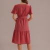 Best Short Sleeve V Neck Tie Waist Midi Dress Red