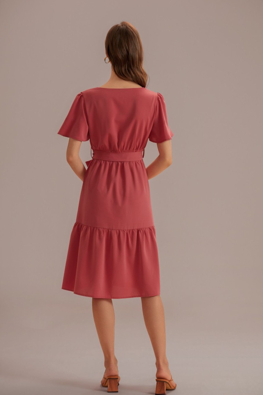 Best Short Sleeve V Neck Tie Waist Midi Dress Red