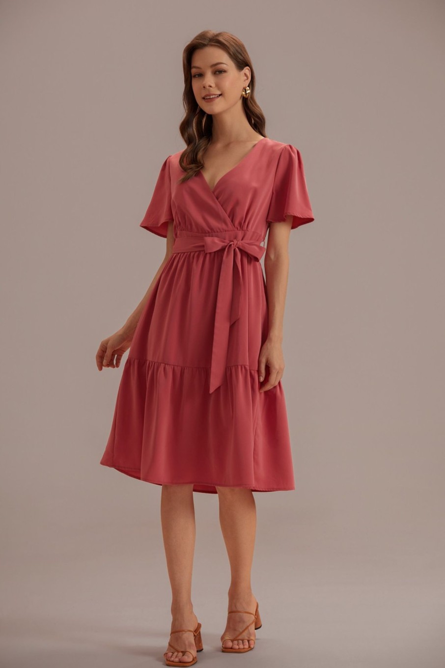 Best Short Sleeve V Neck Tie Waist Midi Dress Red