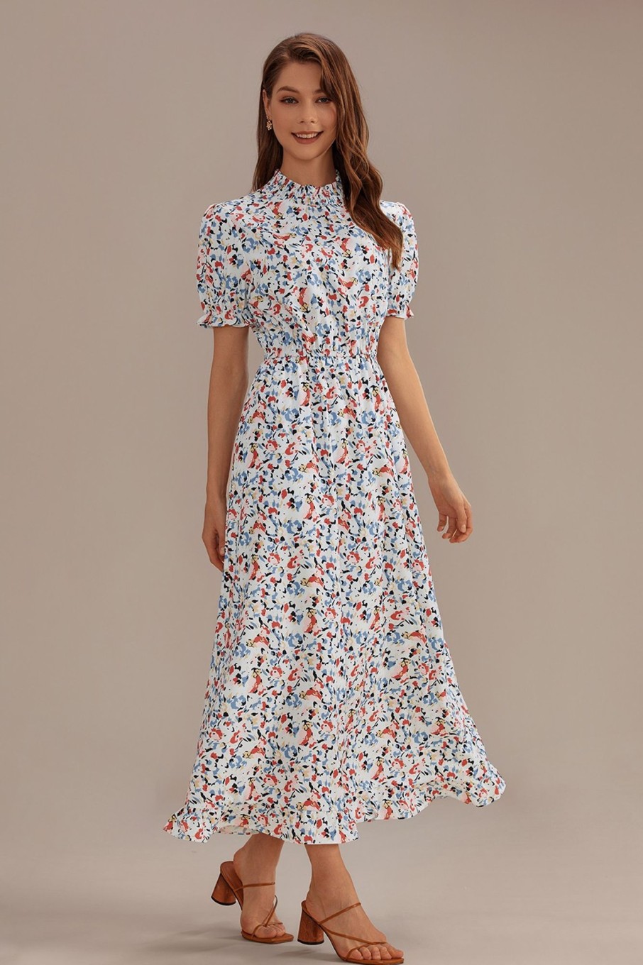 Wholesale Floral Short Sleeve High Ruffle Neck Maxi Dress Multi