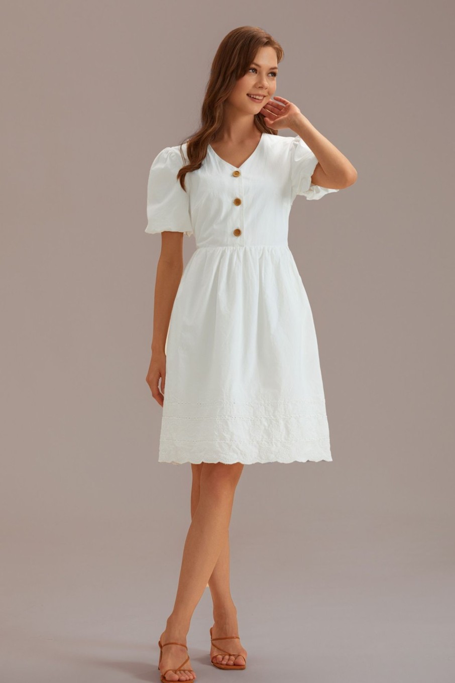 Best Short Sleeve V Neck Midi Dress With Buttons White