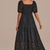 Best Short Sleeve Square Neck Tiered Maxi Dress Black