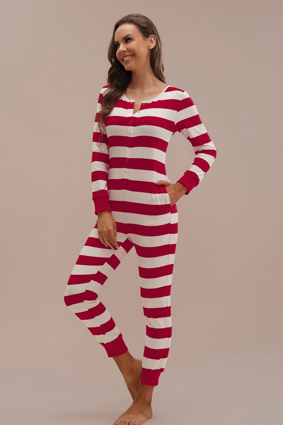 Best Stripe Cute Comfy Buttons Onesie With Pockets Red