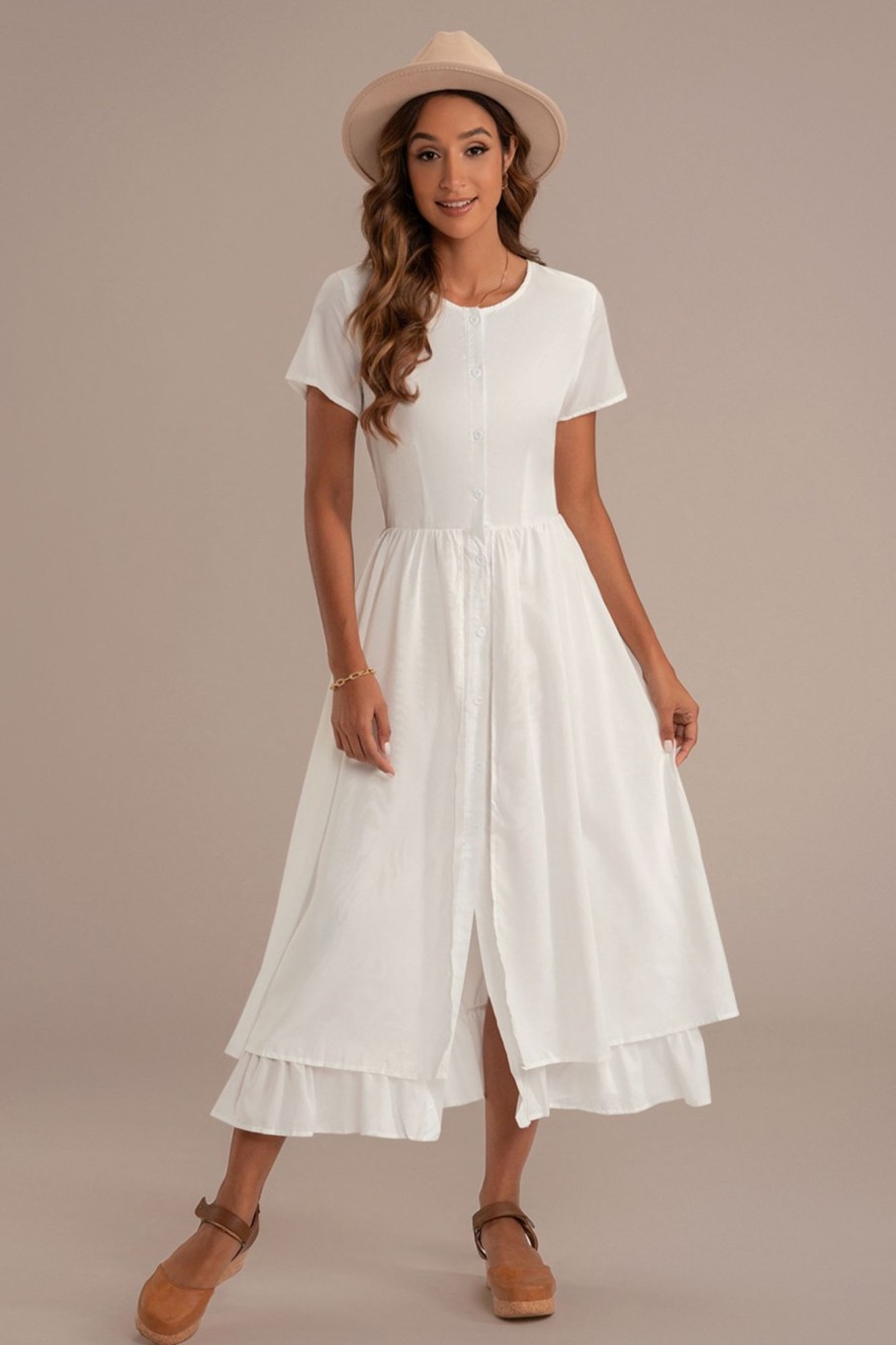 Best Short Sleeve Round Neck Buttons Maxi Dress