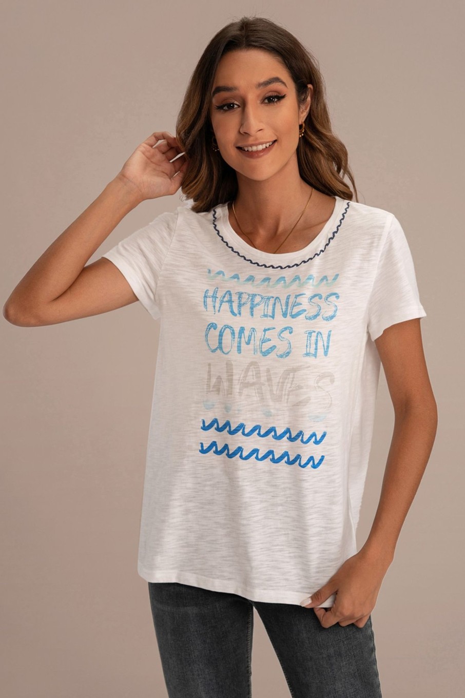 Best Happy Waves Graphic Round Neck Short Sleeve Tee White