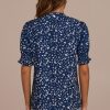 Online Floral Short Elastic Cuff Sleeve High Neck Blouse Navy